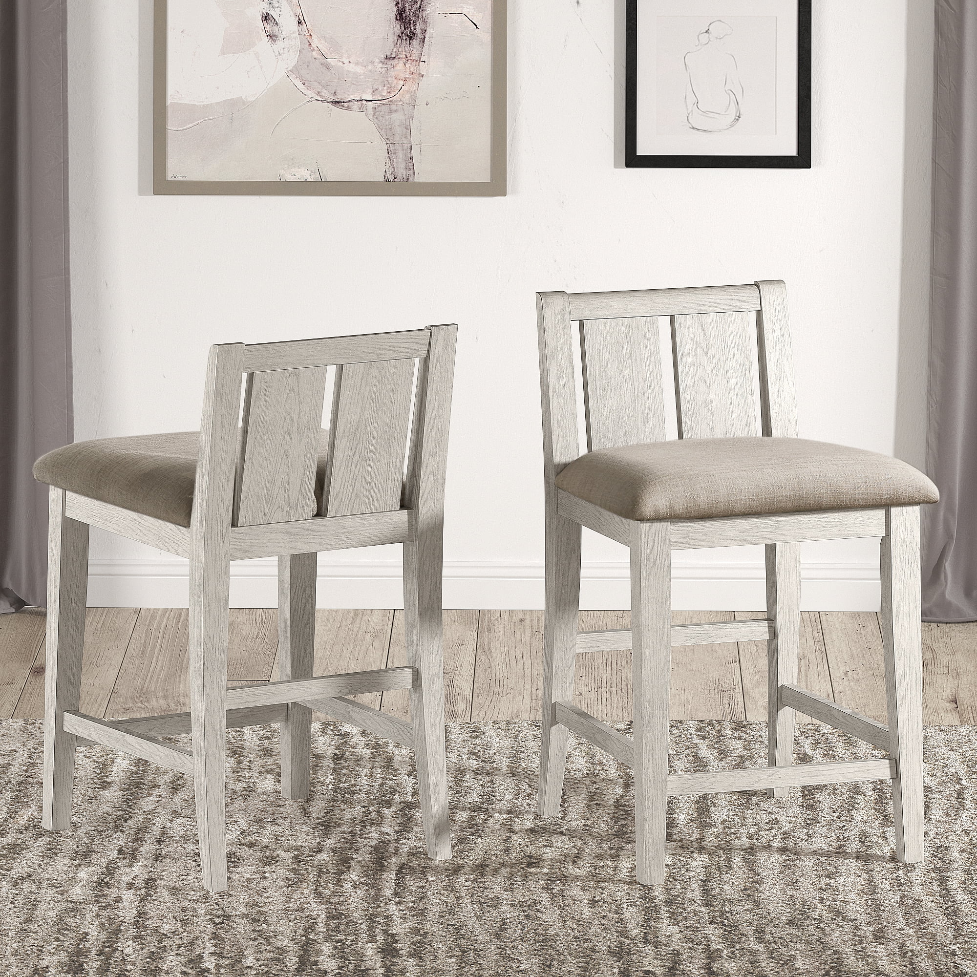 White and Grey Wood Counter Height Chairs with Cushioned Seat, Set of 2