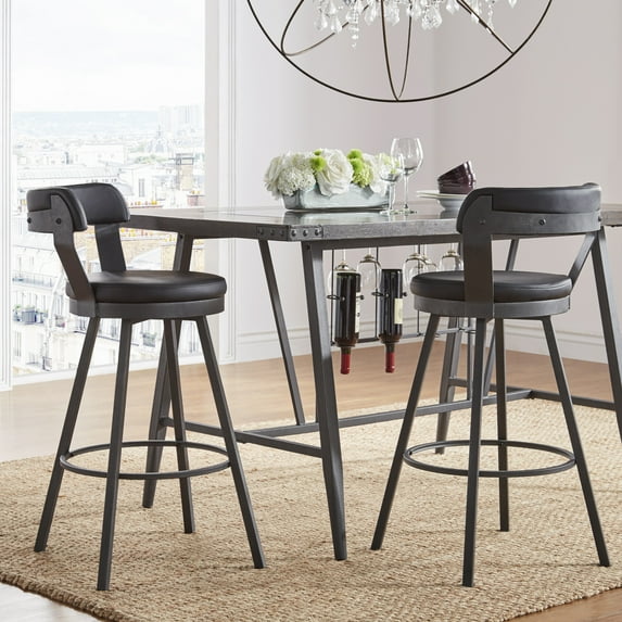 Weston Home Reinhold Faux Leather Swivel Bar Height Chairs with Grey Metal Legs, Set of 2, Black