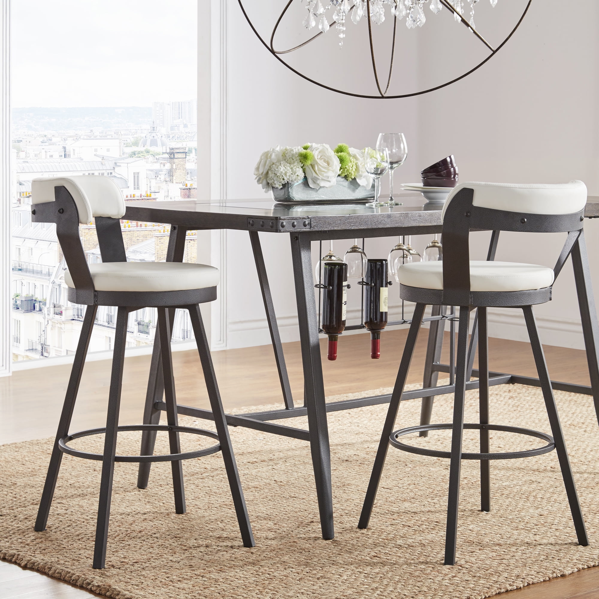 Weston Home Reinhold Faux Leather Swivel Bar Height Chairs with Grey Metal Legs, Set of 2, White