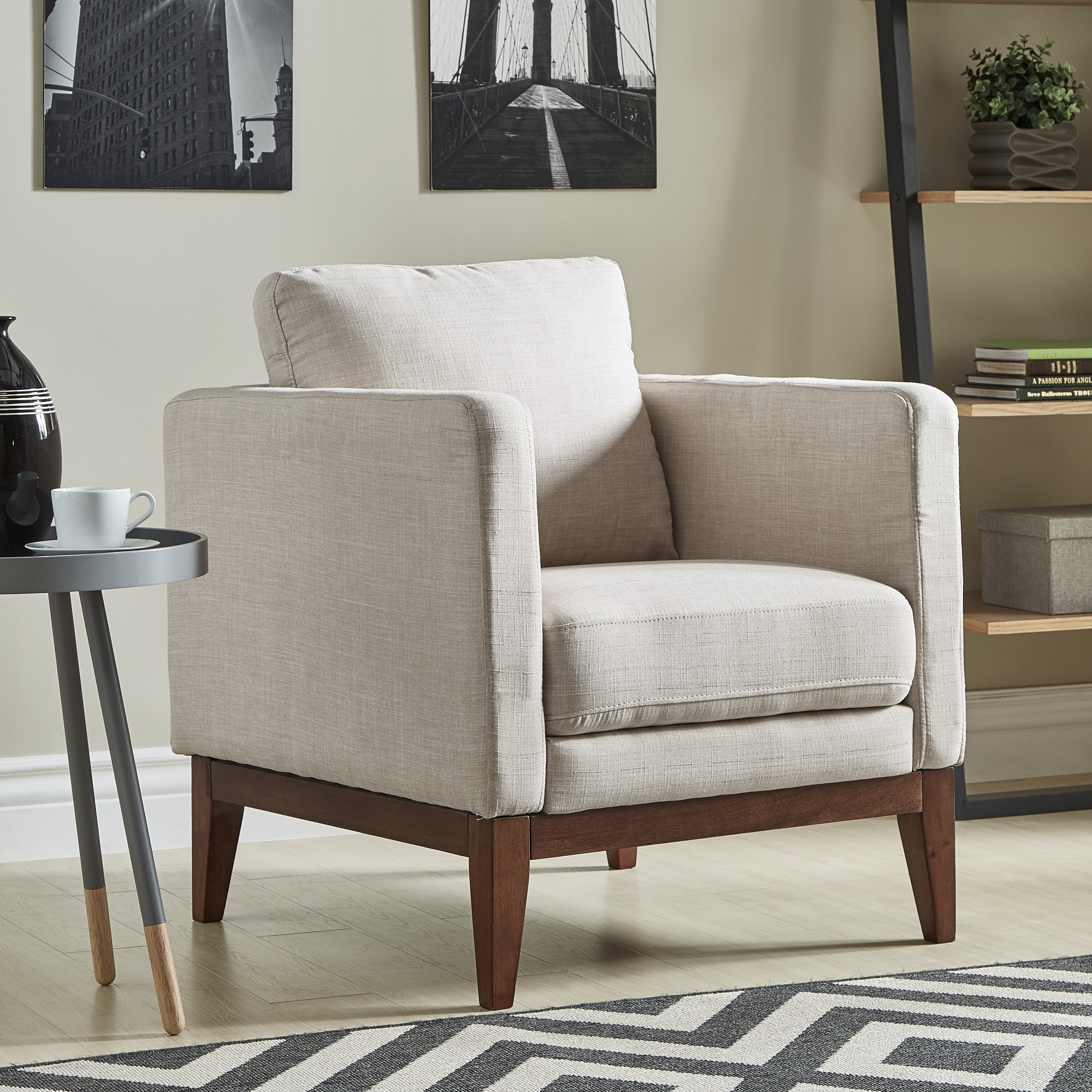 Weston Home Riley Linen Upholstered Accent Chair with Wood Legs, Beige