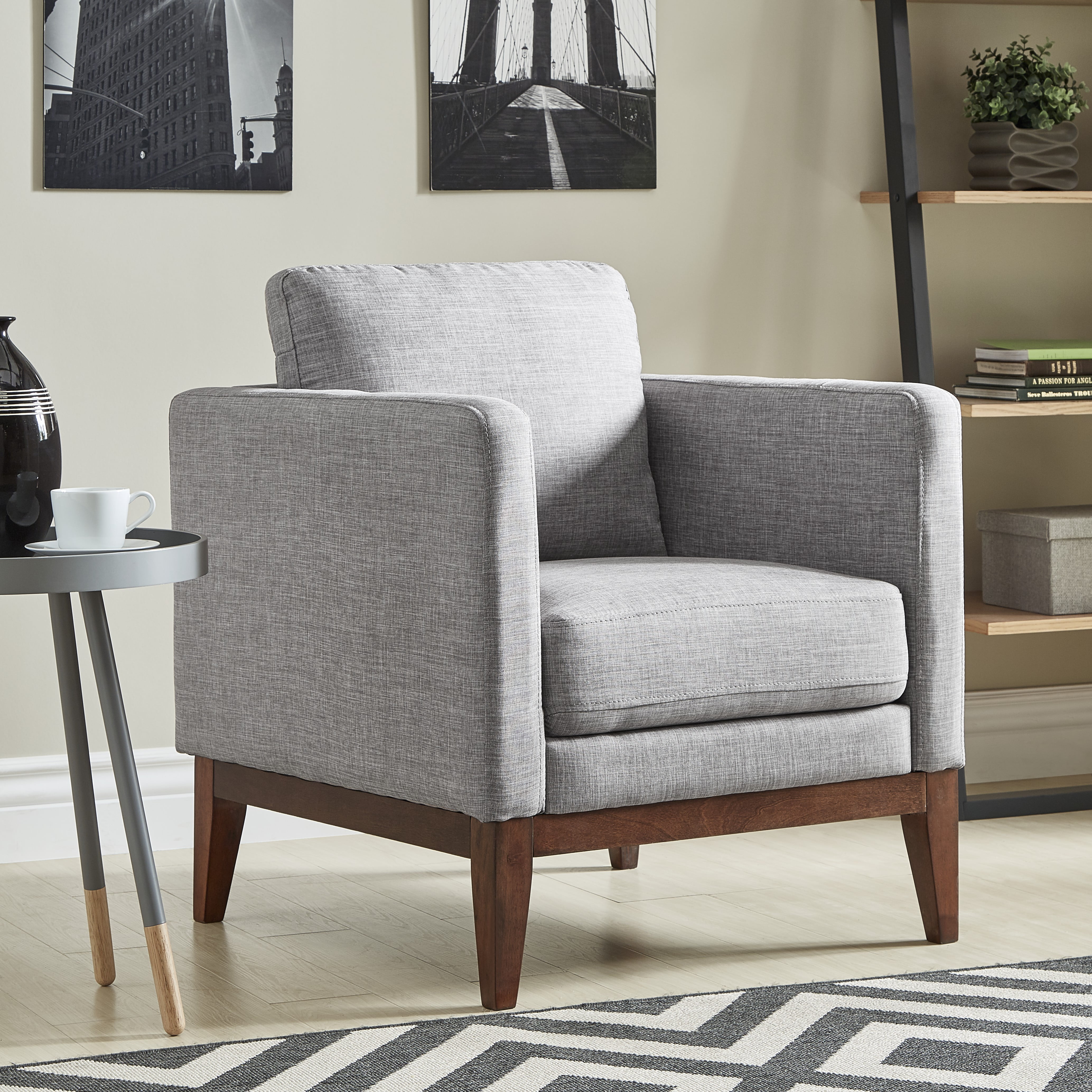 Weston Home Riley Linen Upholstered Accent Chair with Wood Legs, Grey