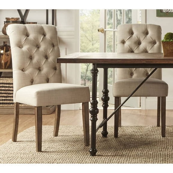 Weston Home Rolled Top Tufted Dining Chair, Set of 2, Beige Linen