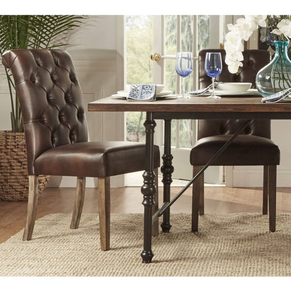 Weston Home Hudson Rolled Top Tufted Dining Chair, Set of 2, Brown PU