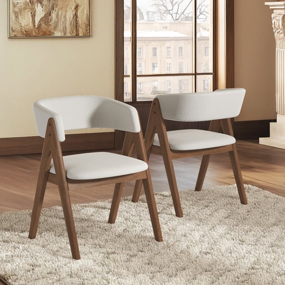Weston Home Saare Modern White Boucle Wood Dining Chairs, Dark Walnut Finish (Set of 2)