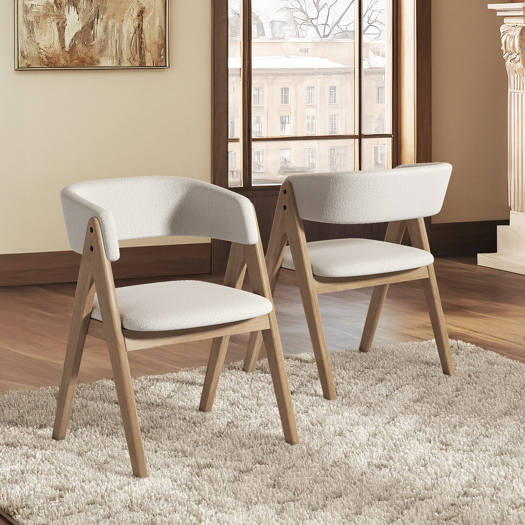 Weston Home Saare  Modern White Boucle Wood Dining Chairs, Natural Finish (Set of 2)