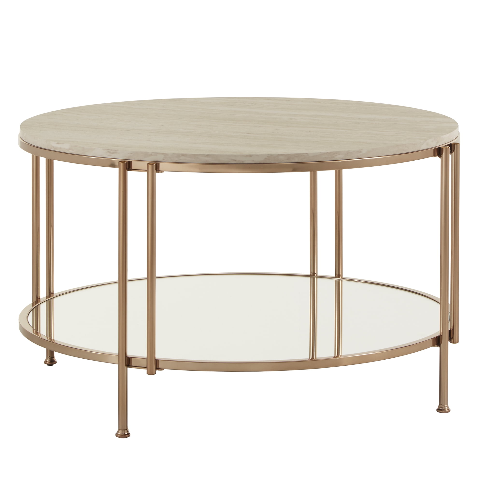 Weston Home Shaelyn Round Gold Cocktail Table with Faux Marble Top and Mirror Shelf