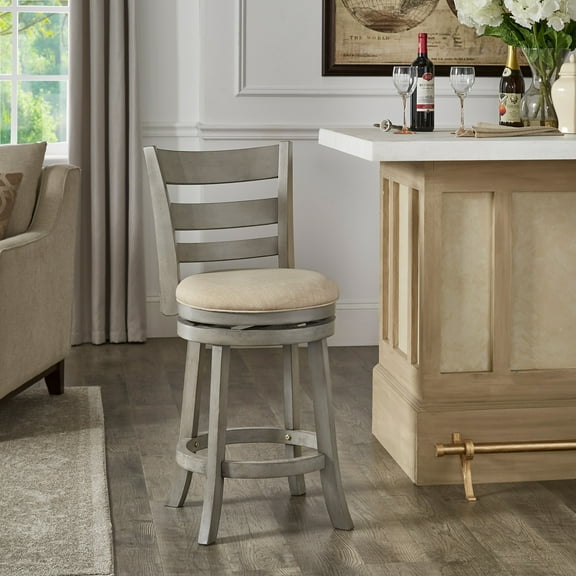 Weston Home Shapel Ladder Back 24"H Swivel Counter Height Stool, Antique Grey Finish, Beige Linen