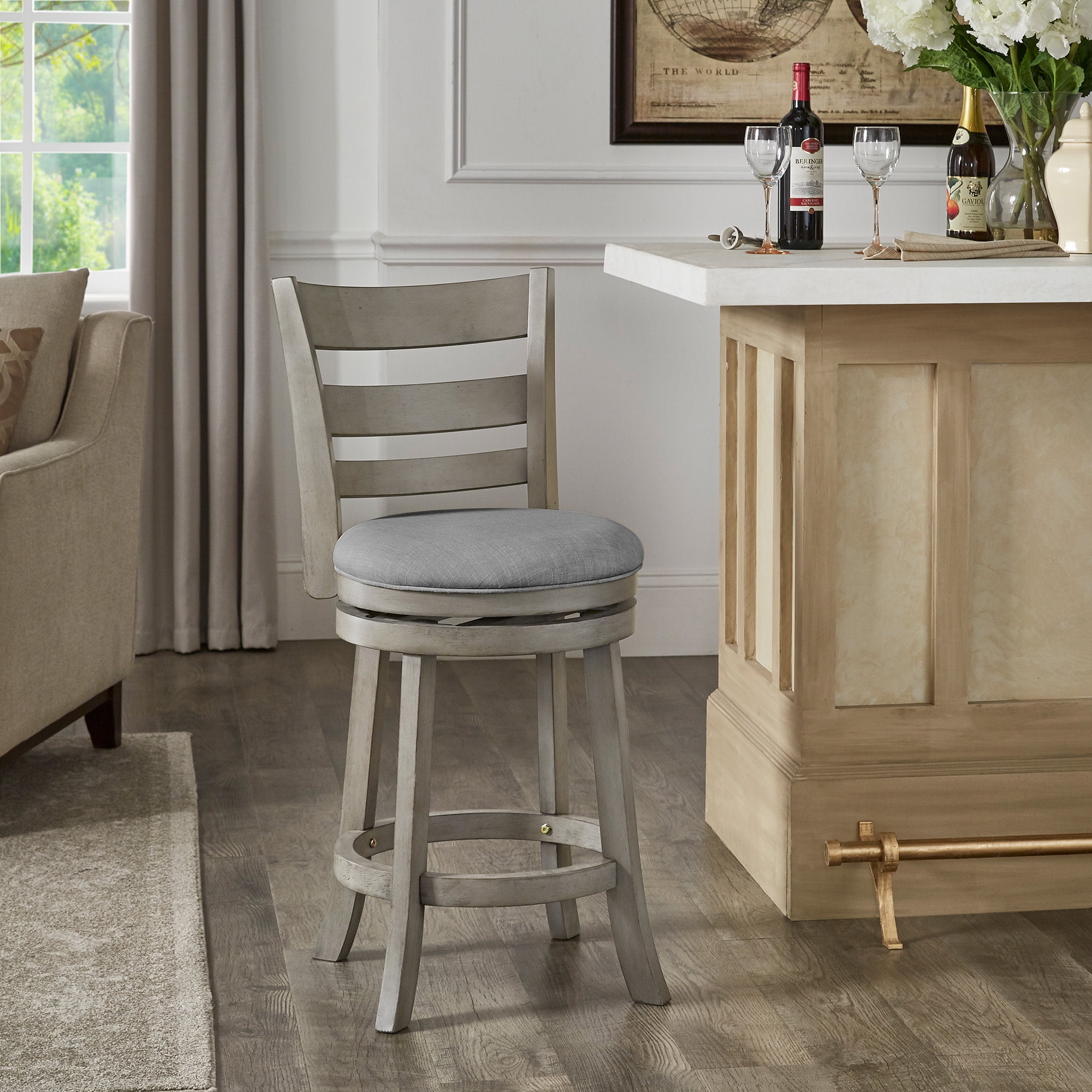 Weston Home Shapel Ladder Back 24"H Swivel Counter Height Stool, Antique Grey Finish, Grey Linen