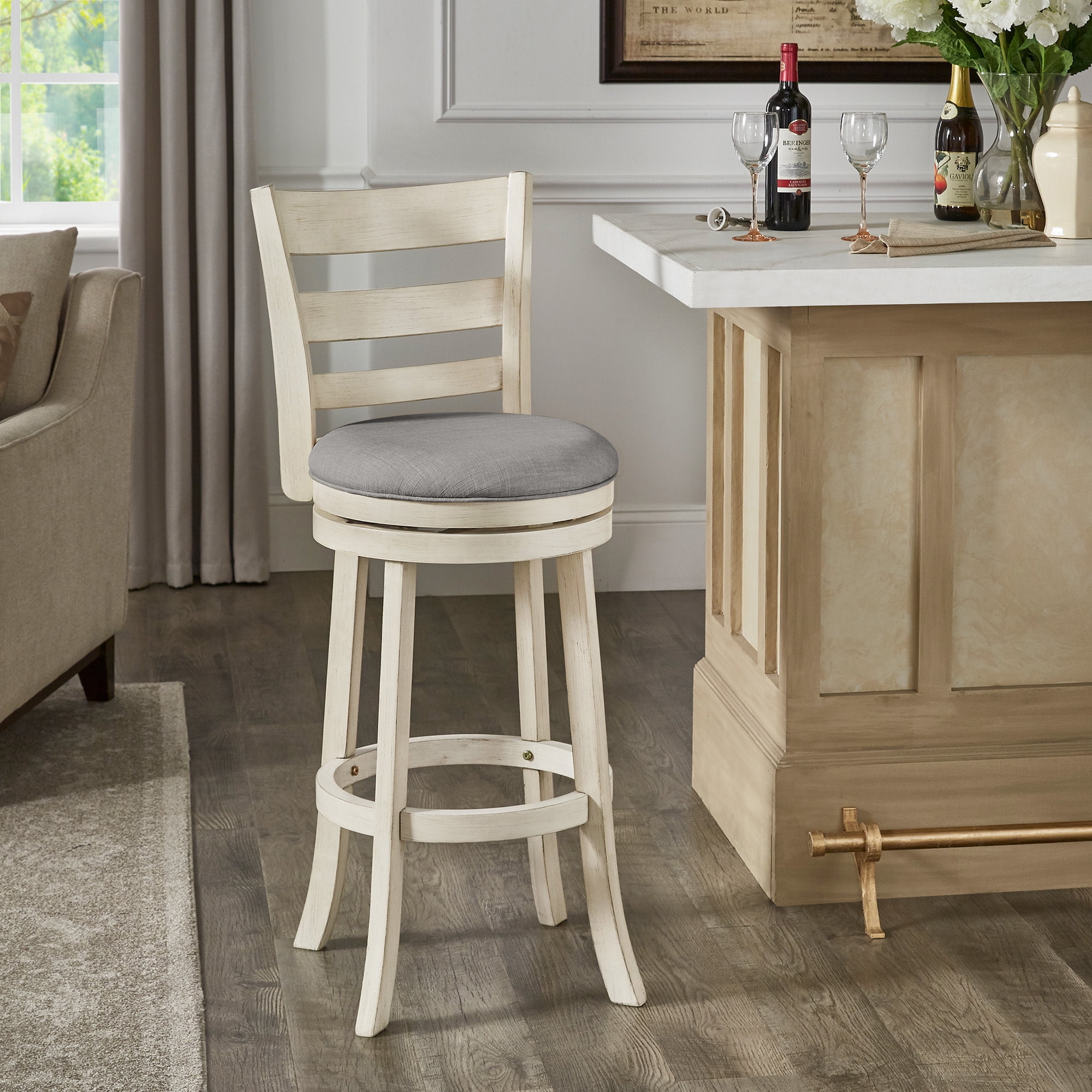 Weston Home Shapel Ladder Back 29"H Swivel Bar Stool, Antique White Finish, Grey Linen