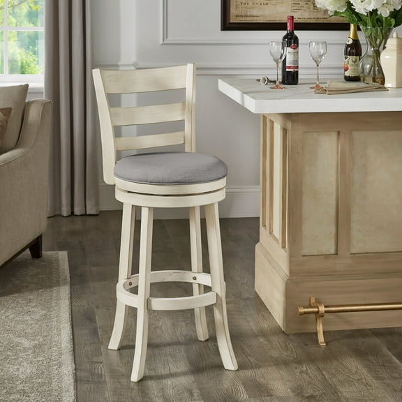 Weston Home Shapel Ladder Back 29"H Swivel Bar Stool, Antique White Finish, Grey Linen