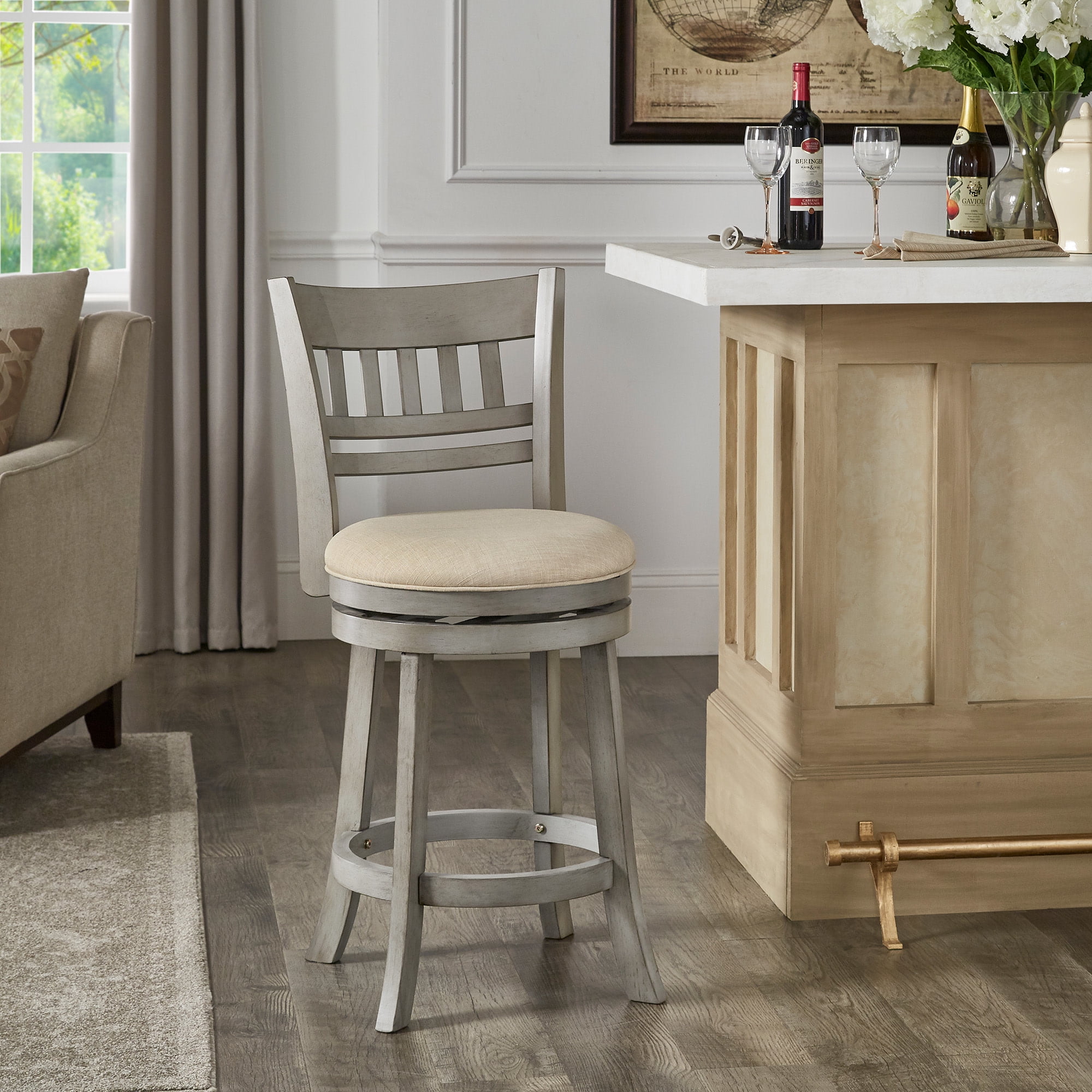 Weston Home Shapel Lattice Back 24"H Swivel Counter Height Stool, Antique Grey Finish, Beige Linen