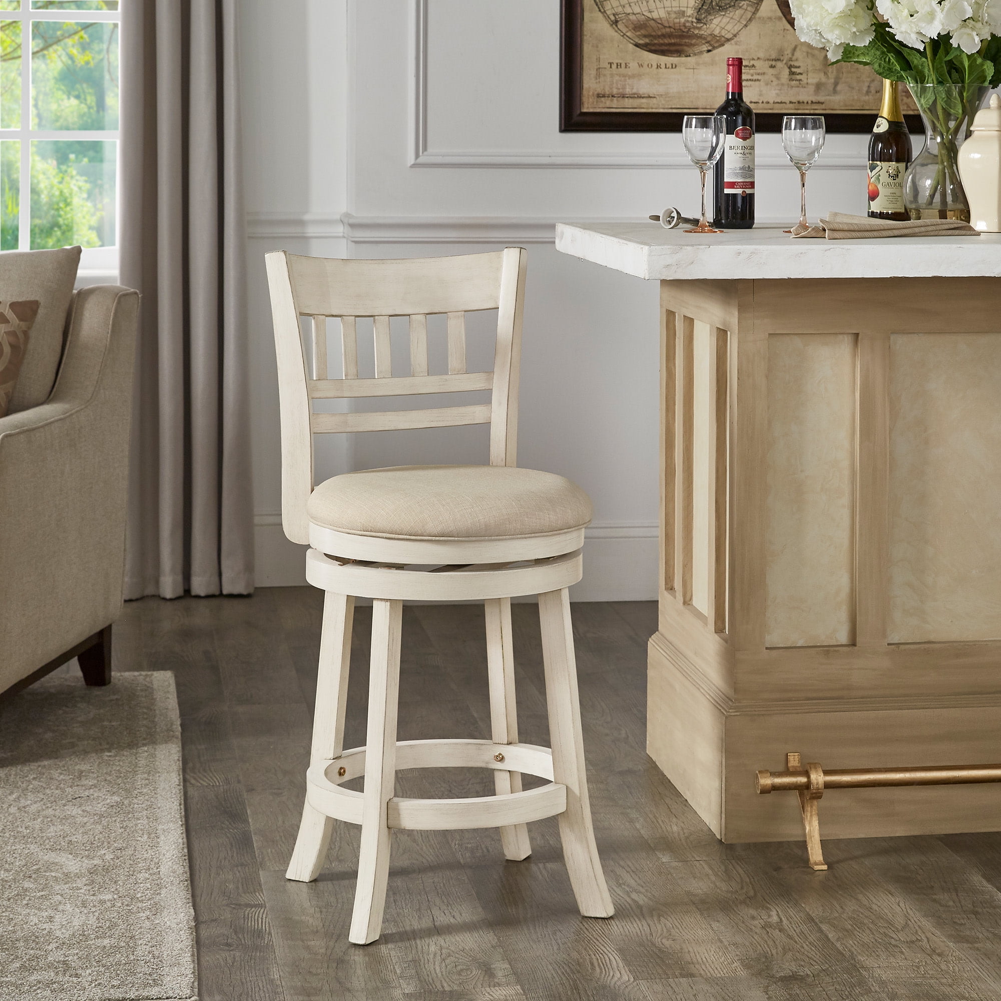 Weston Home Shapel Lattice Back 24"H Swivel Counter Height Stool, Antique White Finish, Beige Linen