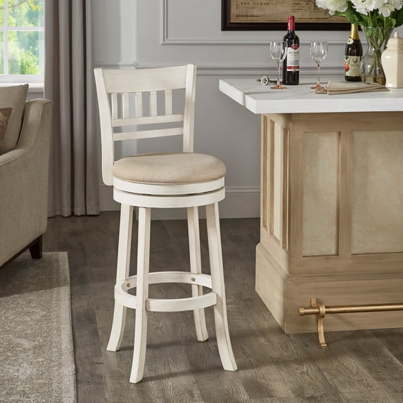 Weston Home Shapel Lattice Back 29"H Swivel Bar Stool, Antique White Finish, Beige Linen