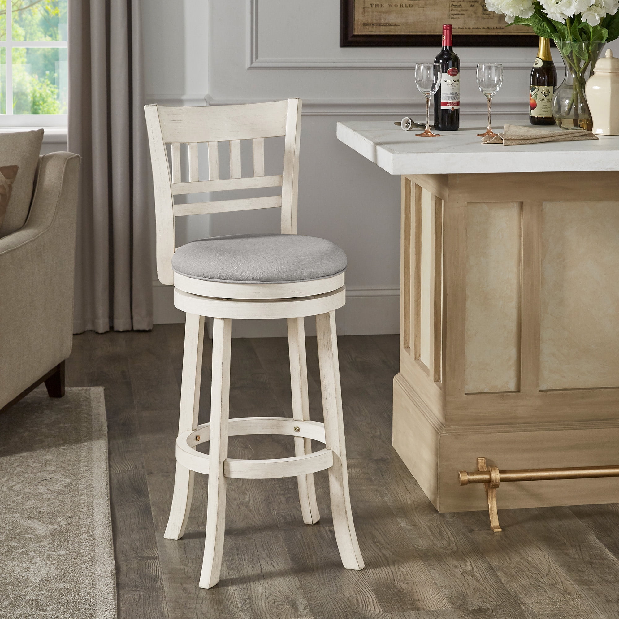 Weston Home Shapel Lattice Back 29"H Swivel Bar Stool, Antique White Finish, Grey Linen