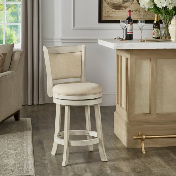 Weston Home Shapel Upholstered Back Swivel Stool, 24" Counter Height, Antique White Finish, Beige Linen