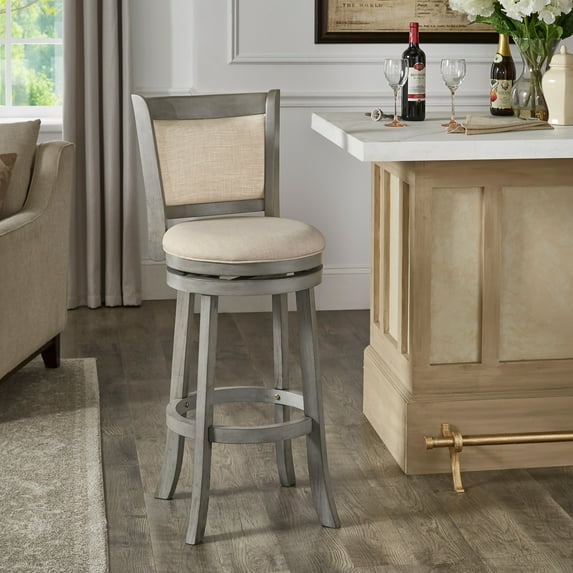 Weston Home Shapel Upholstered Back Swivel Stool, 29" Bar Height, Antique Grey Finish, Beige Linen