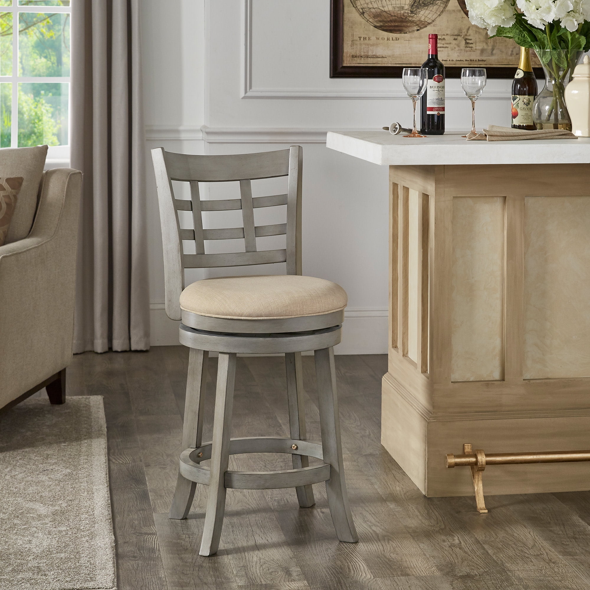 Weston Home Shapel Window Back 24"H Swivel Counter Height Stool, Antique Grey Finish, Beige Linen
