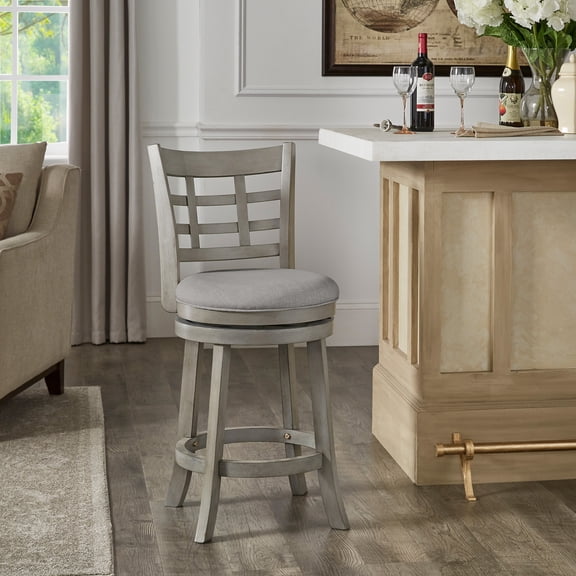 Weston Home Shapel Window Back 24"H Swivel Counter Height Stool, Antique Grey Finish, Grey Linen