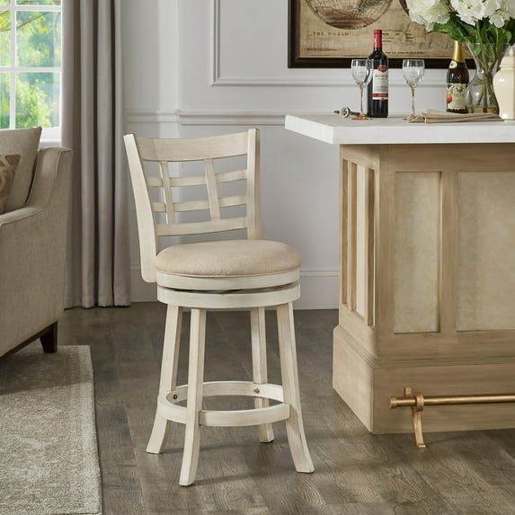 Weston Home Shapel Window Back 24"H Swivel Counter Height Stool, Antique White Finish, Beige Linen