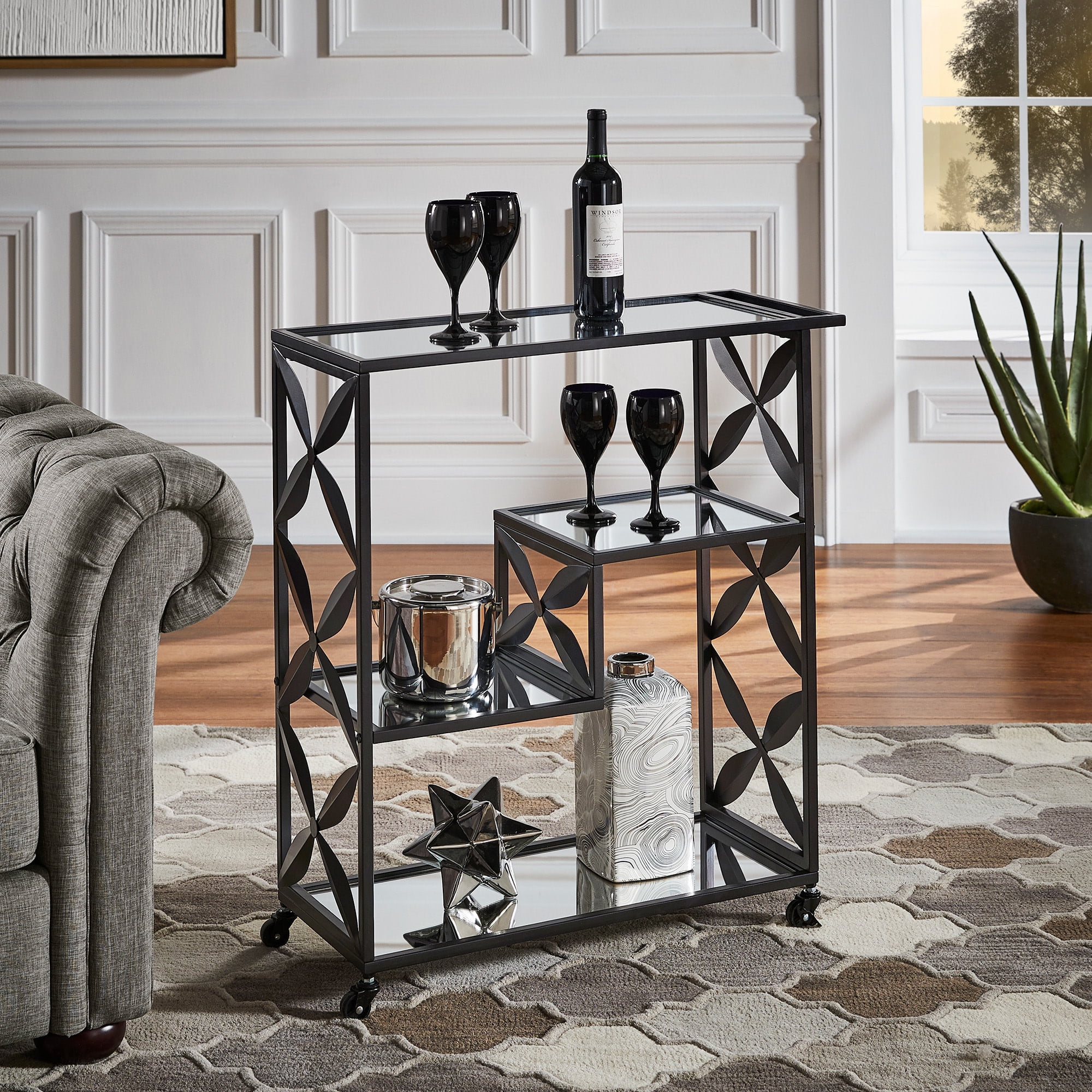 Weston Home Shasta Black Finish Mirrored Bar Cart with Shelf