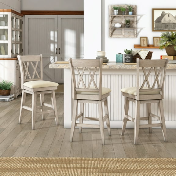 Weston Home Sheena Farmhouse Square Swivel X-Back 24" Counter Height Stool, Antique White