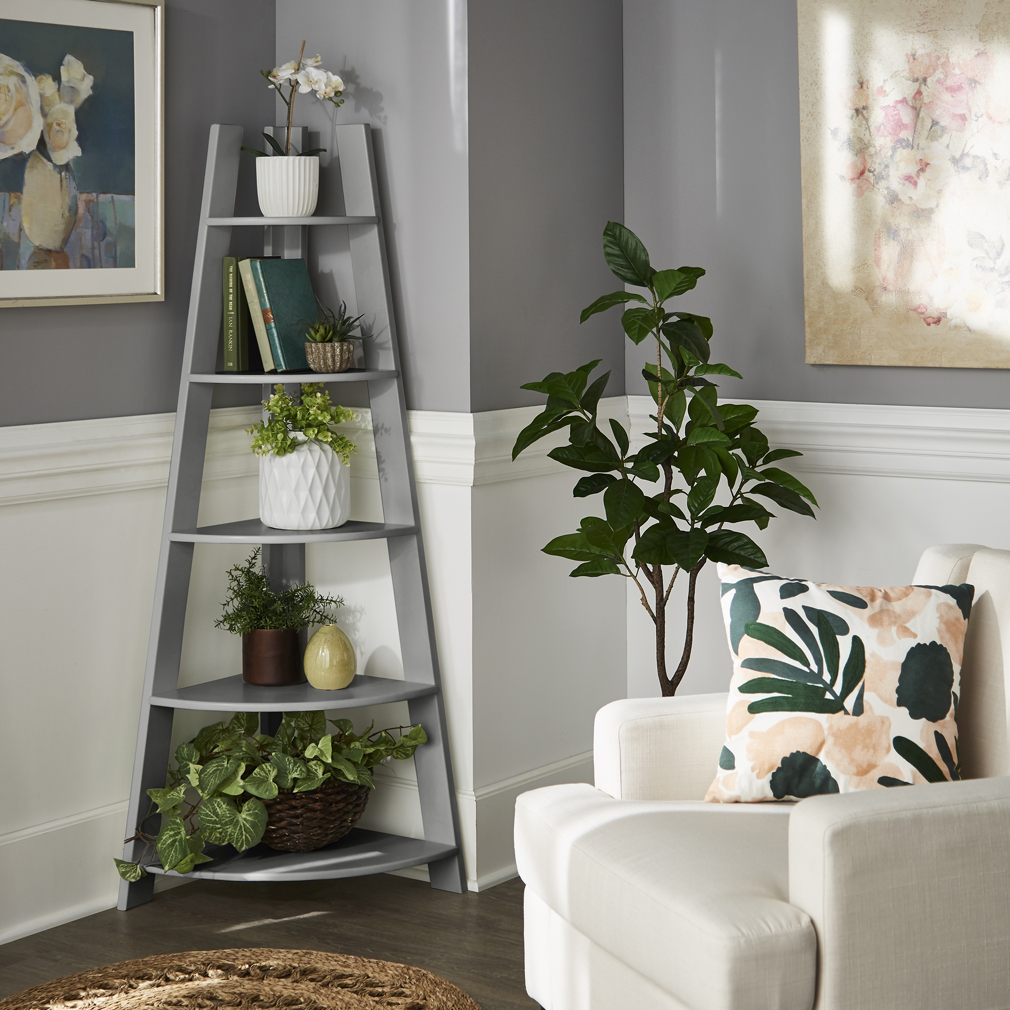 Weston Home Solvig Corner Ladder 5 Shelf Bookcase, Gray