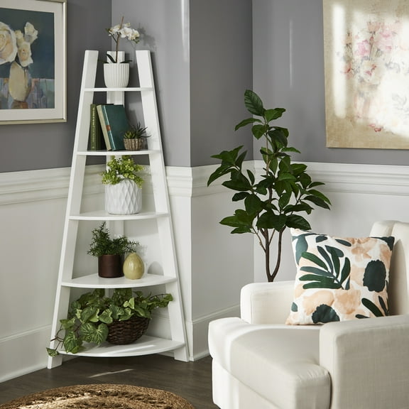 Weston Home Solvig Corner Ladder 5 Shelf Bookcase, White
