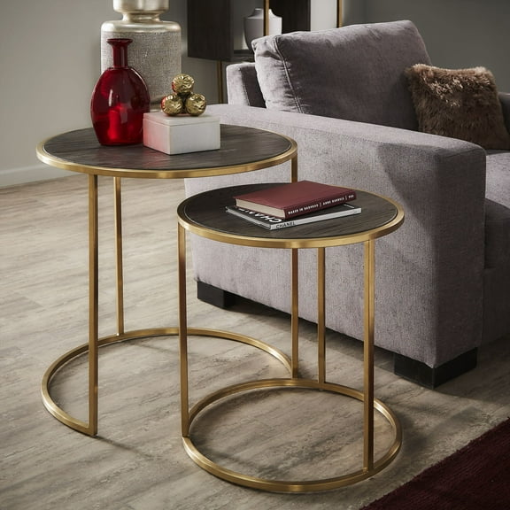 Weston Home Terrance Round Metal Nesting Tables, Dark Brown/Antique Gold, Set of 2