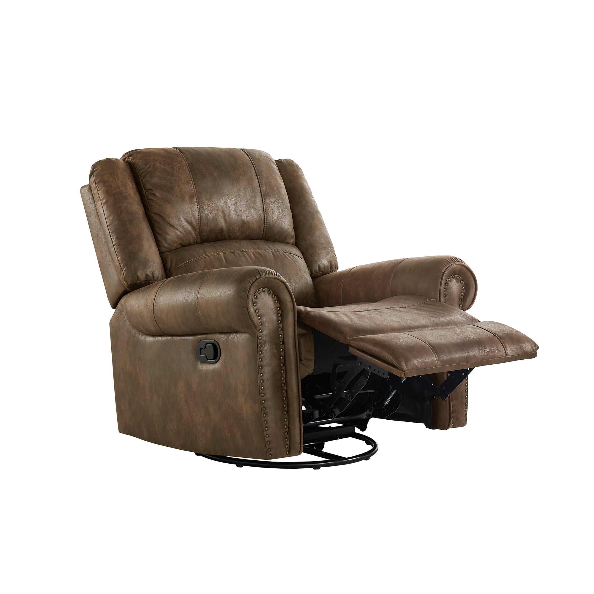 Weston Home Tippecanoe Polished Microfiber Nailhead Swivel Glider Recliner, Brown