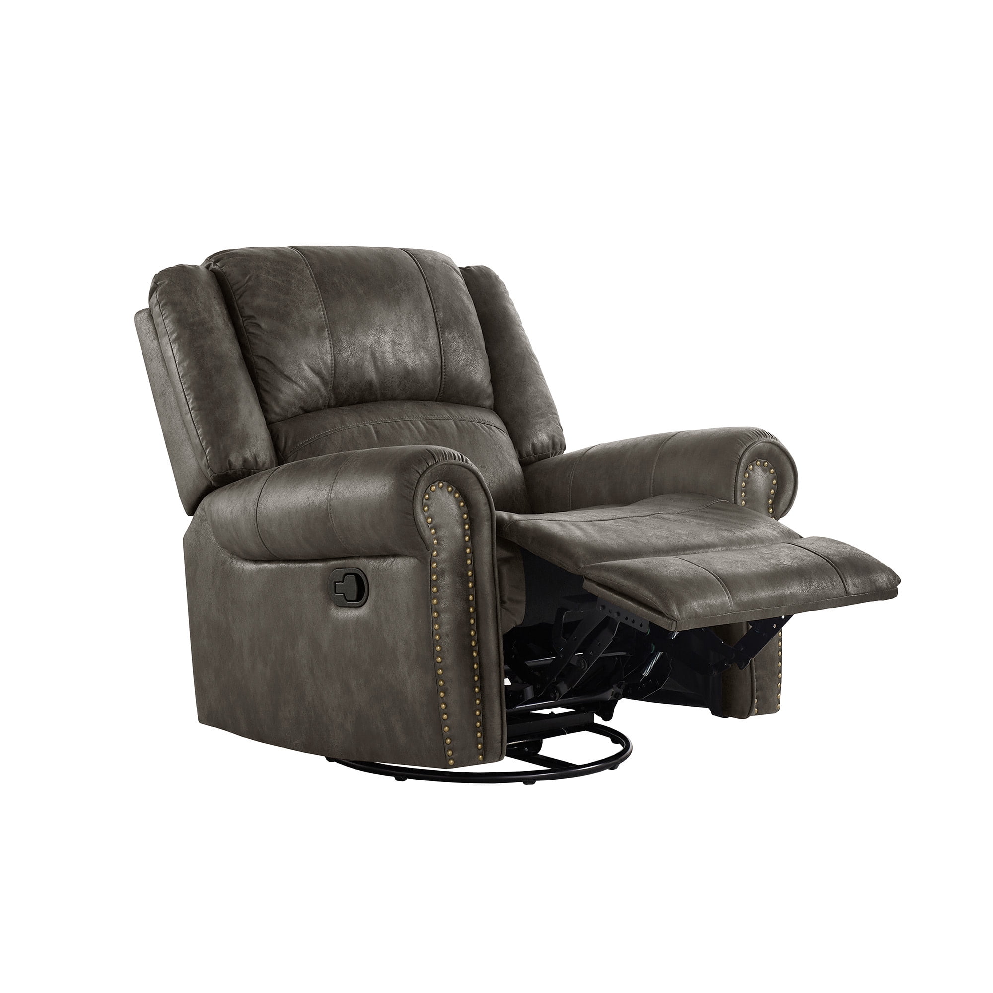 Weston Home Tippecanoe Polished Microfiber Nailhead Swivel Glider Recliner, Charcoal Gray