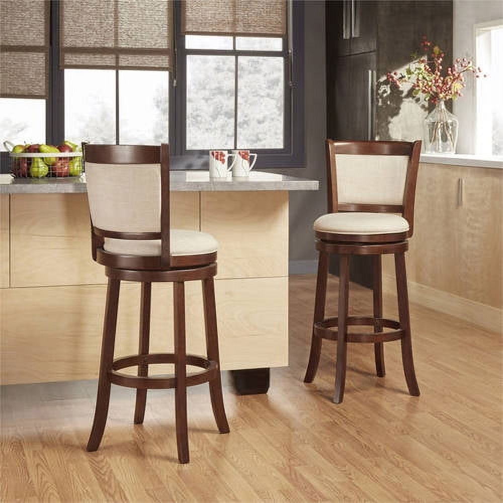 Weston Home Upholstered Swivel Seat Cherry Finish Wood Bar Height Stool Beige
