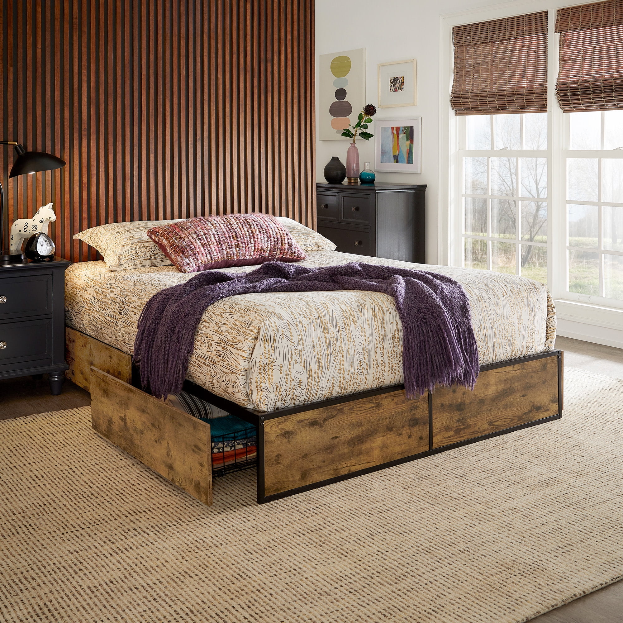 Weston Home Utica Wood Finish Panel Black Metal Platform Bed with Storage Drawers, Queen Size
