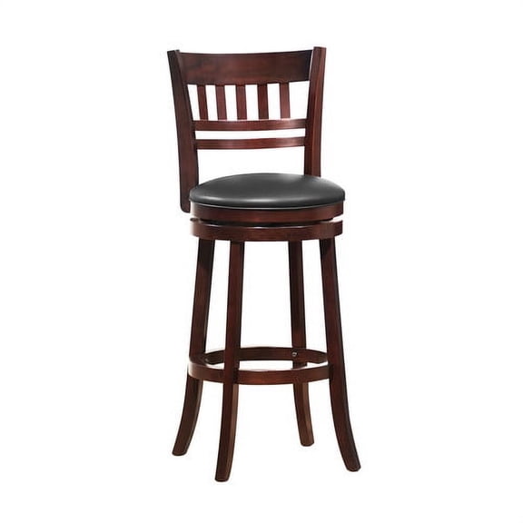 Weston Home Vertical Design Swivel Dark Cherry Finish Wood Bar Height Stool, Black Faux Leather