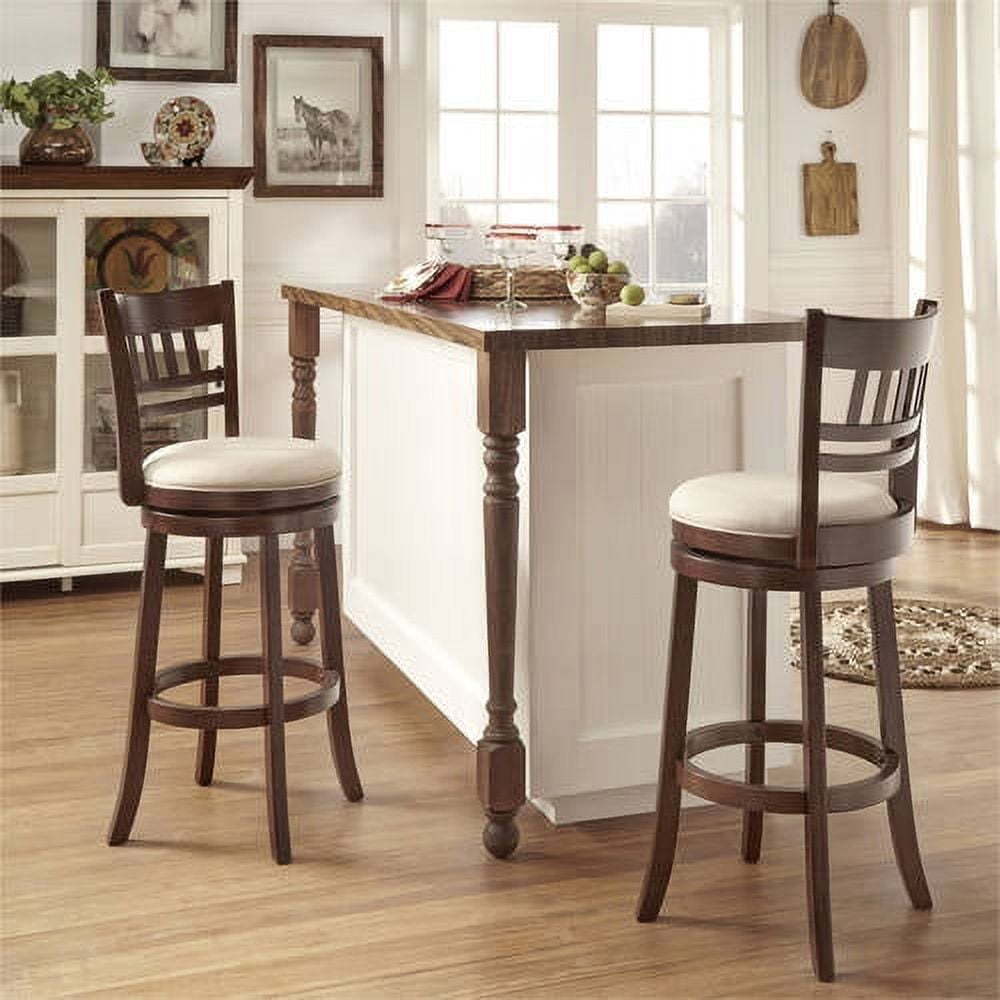 Weston Home Vertical Design Swivel Dark Cherry Finish Wood Bar Height Stool Gray Linen