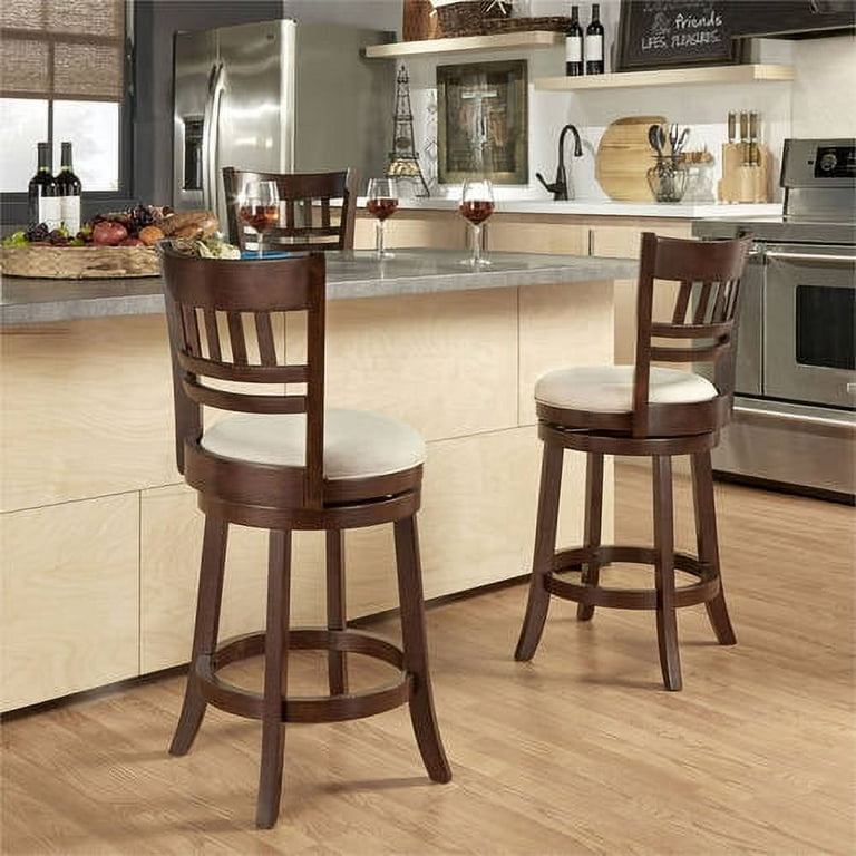 Weston Home Vertical Design Swivel Dark Cherry Finish Wood Counter Height Stool Beige Linen