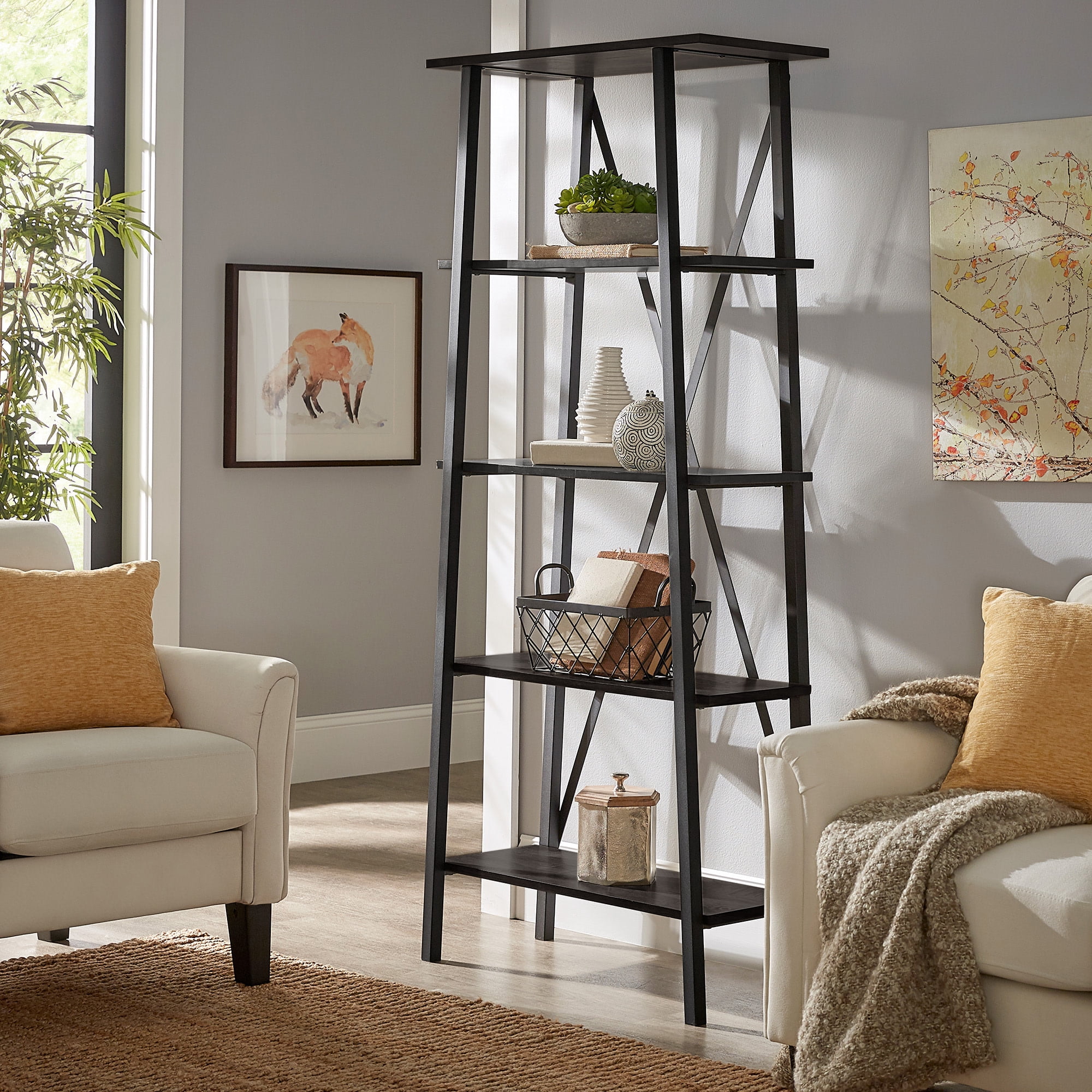 Weston Home Westyn Rustic X-Base 32-inch 4-Shelf Bookcase, Black Finish