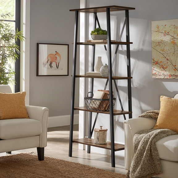 Weston Home Westyn Rustic X-Base 32-inch 4-Shelf Bookcase, Brown Finish