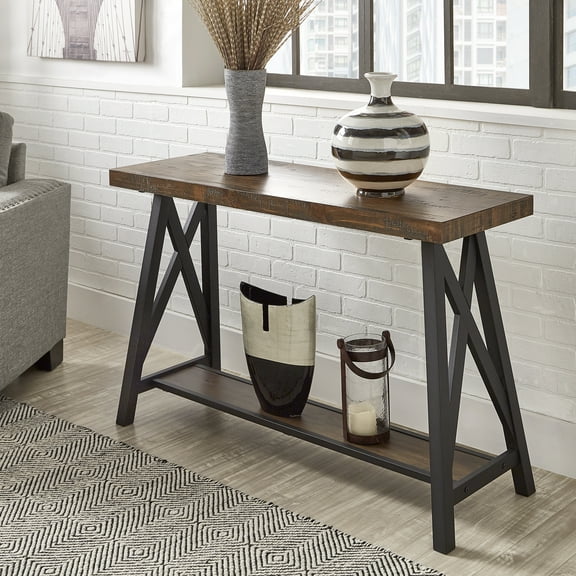 Weston Home Westyn Rustic X Base Wood Console Table with Shelf, Brown