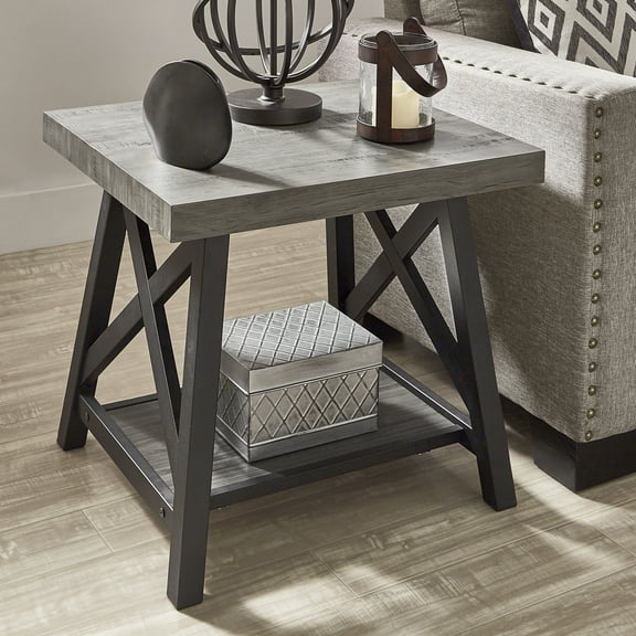 Weston Home Westyn Rustic X Base Wood End Table with Shelf, Gray