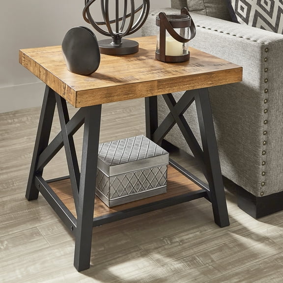 Weston Home Westyn Rustic X Base Wood End Table with Shelf, Oak