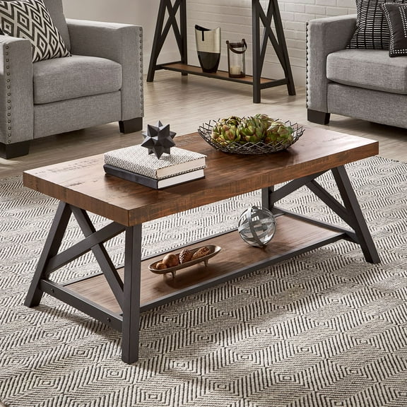 Weston Home Westyn Rustic X Base Wood Rectangular Coffee Table, Brown