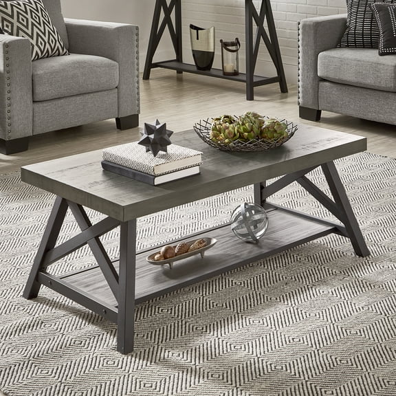 Weston Home Westyn Rustic X Base Wood Rectangular Coffee Table, Gray