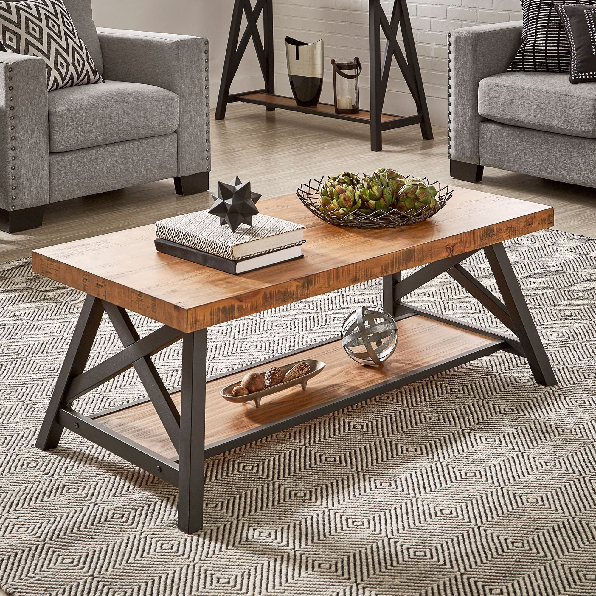 Weston Home Westyn Rustic X Base Wood Rectangular Coffee Table, Oak