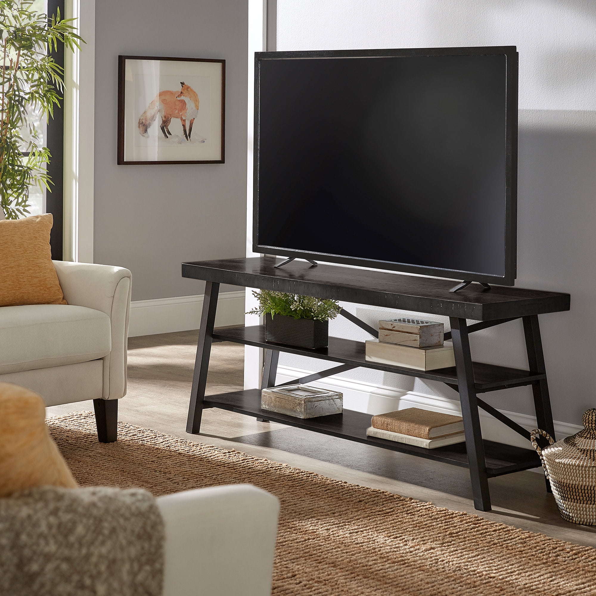 Weston Home Westyn Rustic X-Base Wood and Metal TV Stand for TVs up to 65", Black Finish