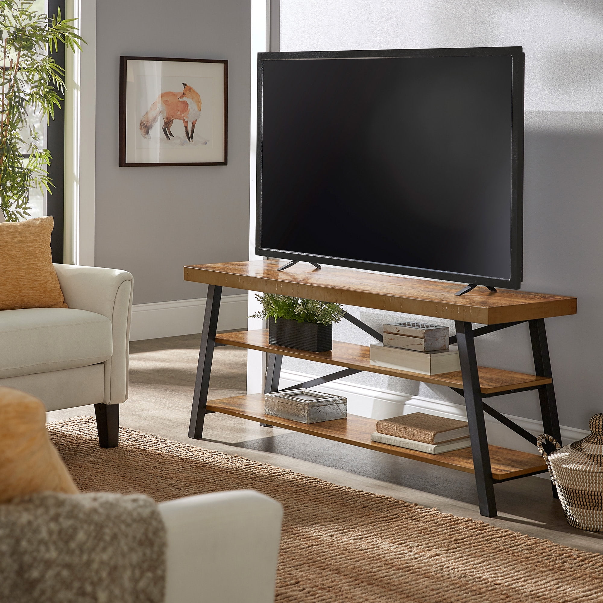 Weston Home Westyn Rustic X Base Wood and Metal TV Stand for TVs