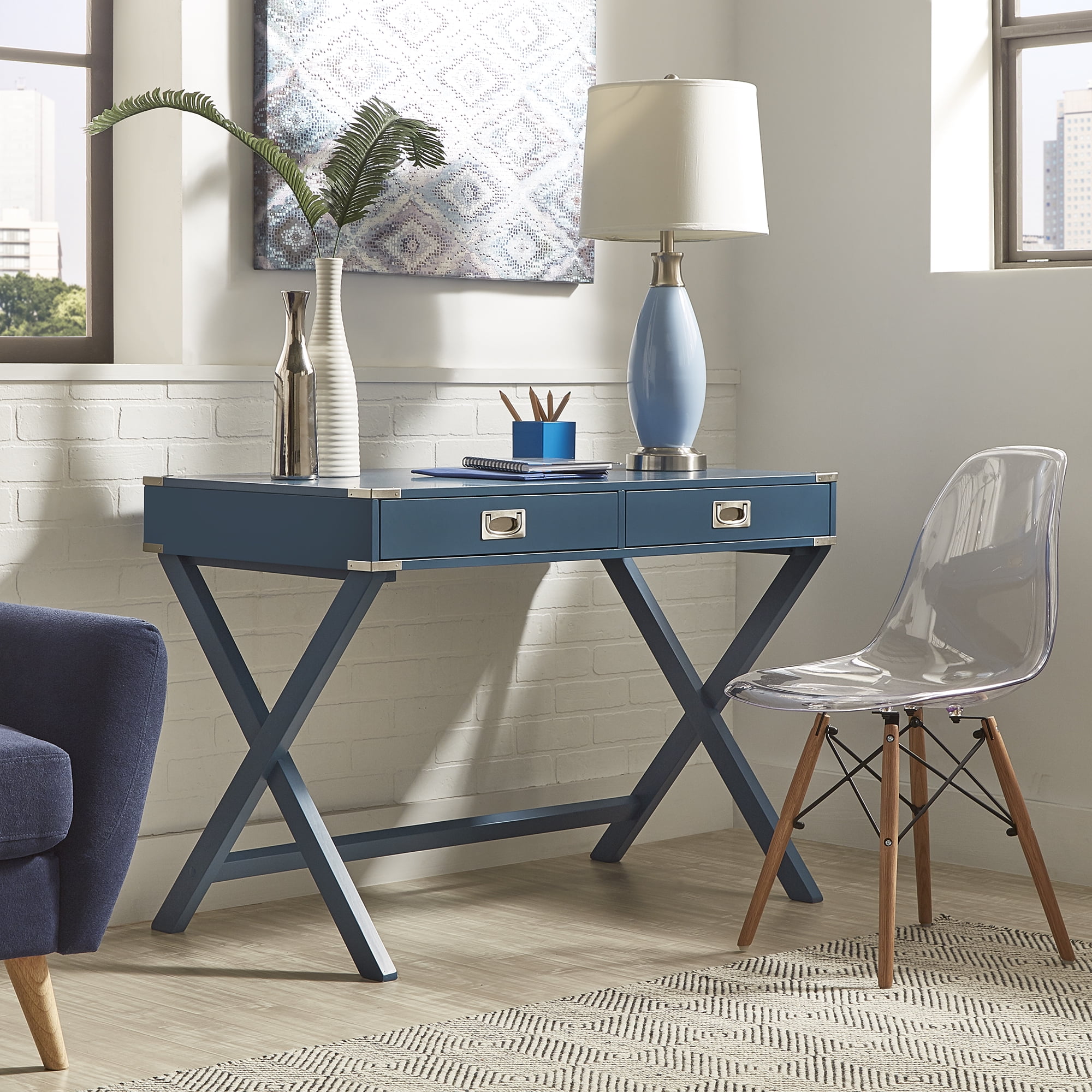 Weston Home Wood X-Base Campaign Writing Desk with Drawers, Blue Steel