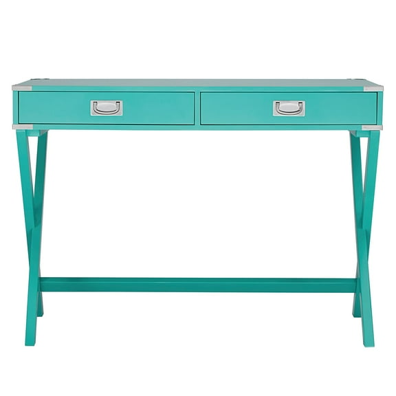 Weston Home Wood X-Base Campaign Writing Desk with Drawers, Marine Green