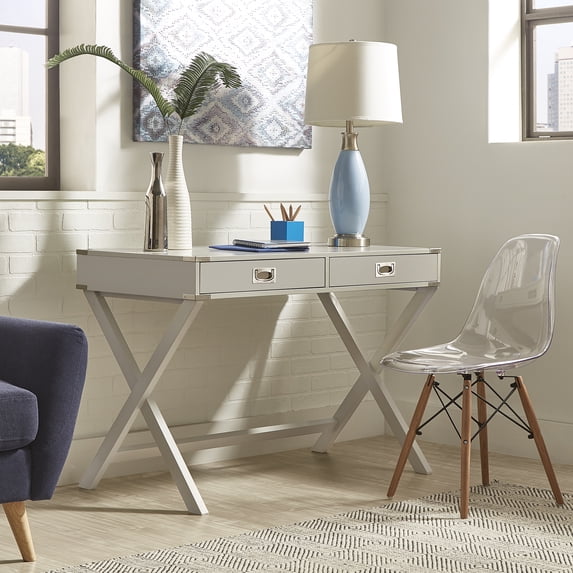 Weston Home Wood X-Base Campaign Writing Desk with Drawers, Silver Birch