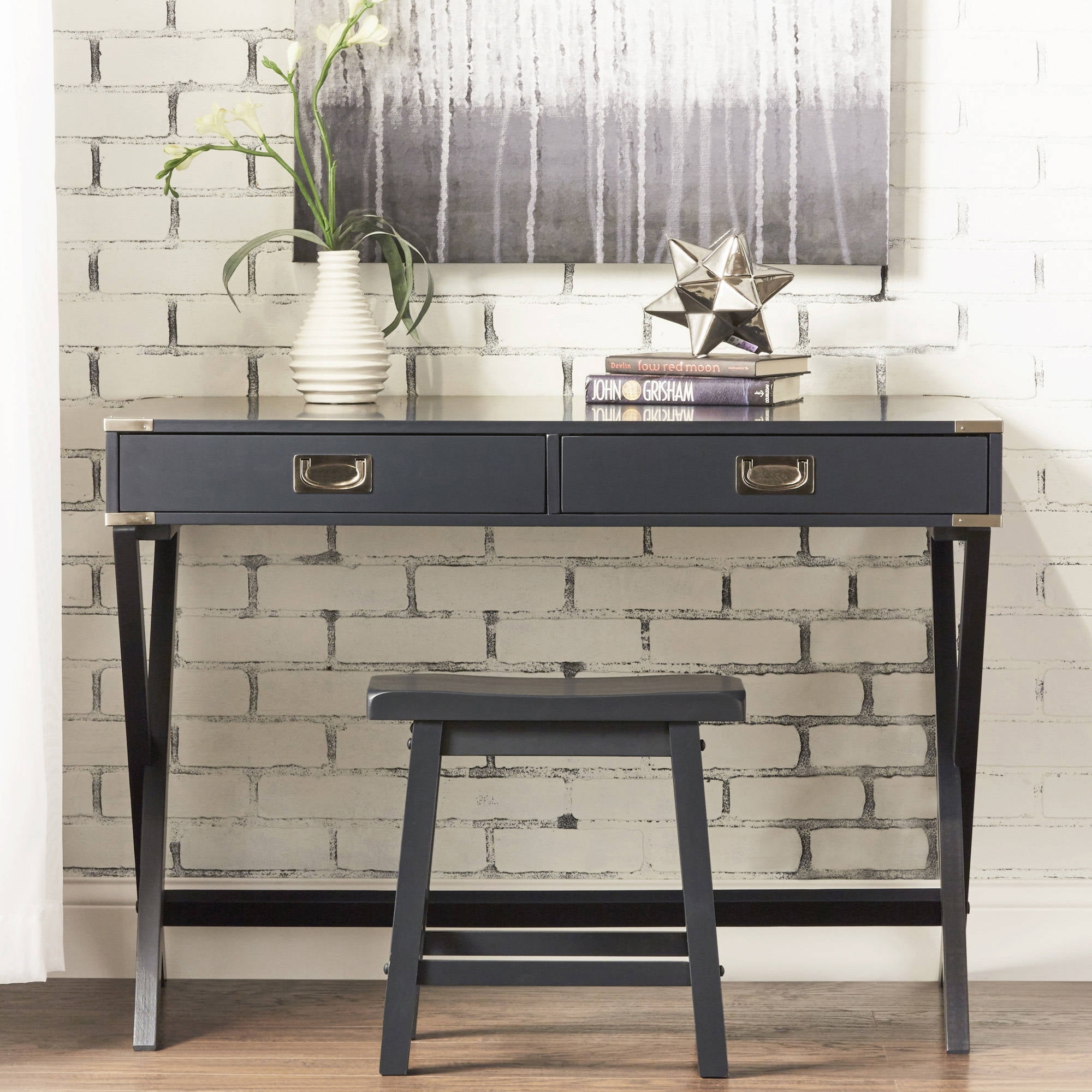 Vulcan Black Wood X-Base Writing Desk with Drawers