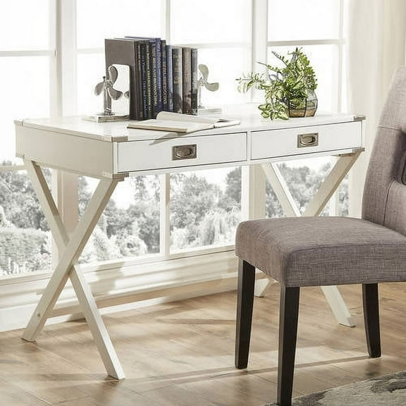 Weston Home Wood X-Base Campaign Writing Desk with Drawers, White